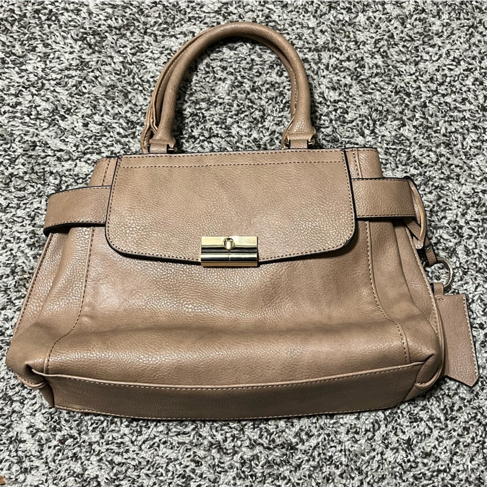 (EUC)Classic Taupe Leather Satchel Handbag with Gold-Tone Clasp”Very Clean”